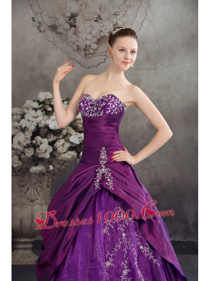 Purple Sweetheart Embroidery Long Beading Quinceanera Dress