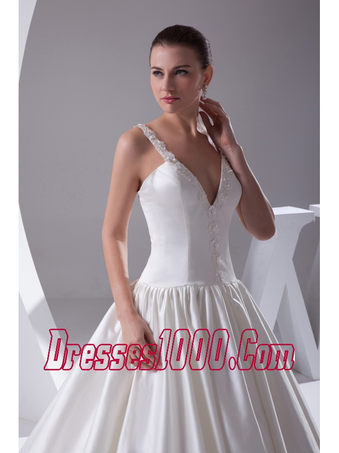 Romantic A-Line Straps Court Train Satin Beading Wedding Dress