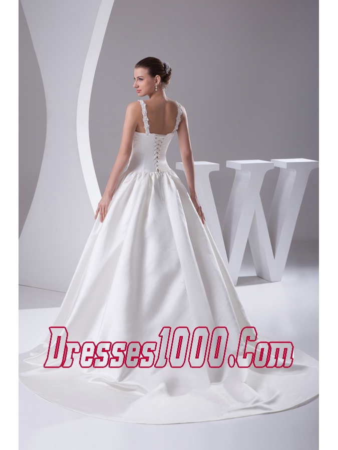 Romantic A-Line Straps Court Train Satin Beading Wedding Dress