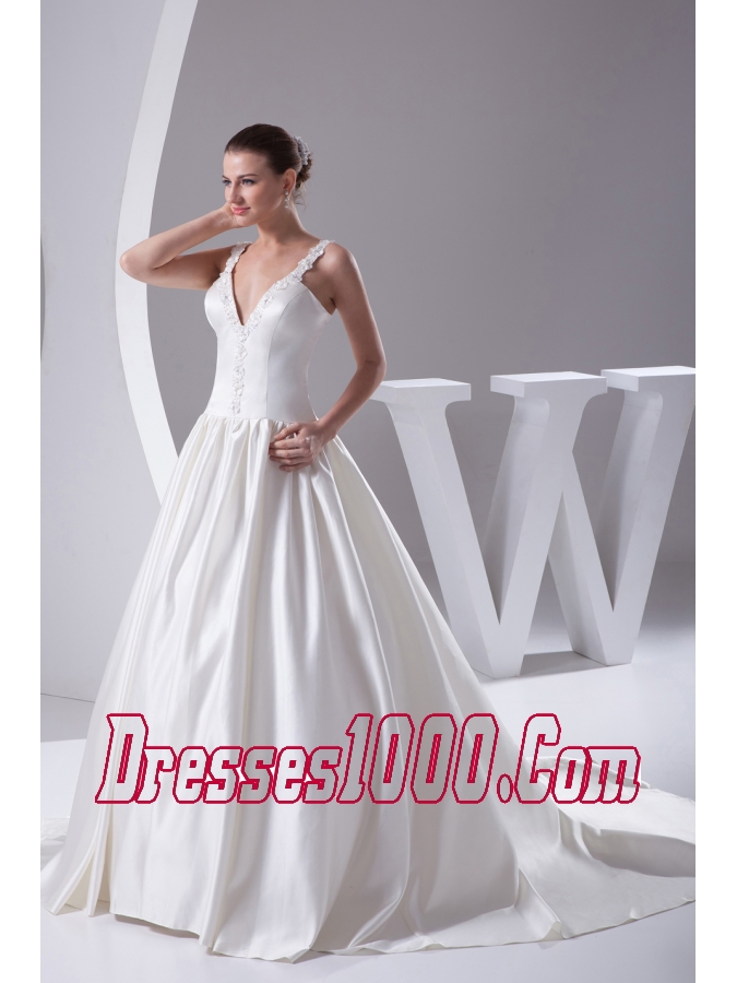 Romantic A-Line Straps Court Train Satin Beading Wedding Dress