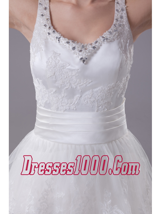 Ruffled Layers Lace Brush Train Column Scoop Wedding Dress