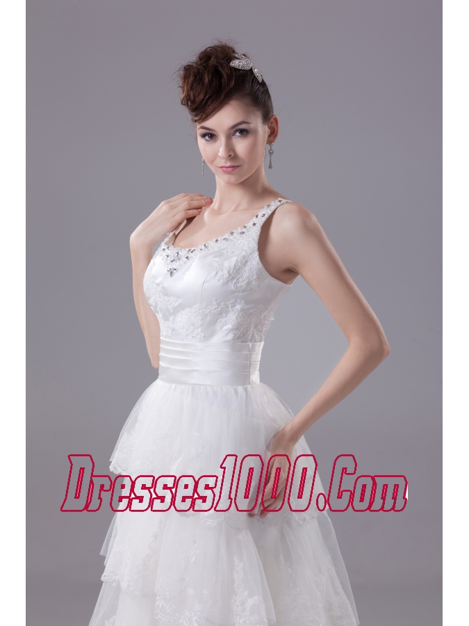 Ruffled Layers Lace Brush Train Column Scoop Wedding Dress