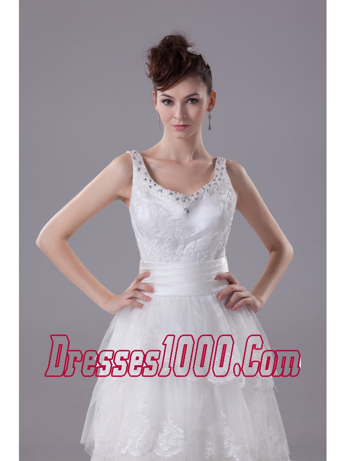 Ruffled Layers Lace Brush Train Column Scoop Wedding Dress