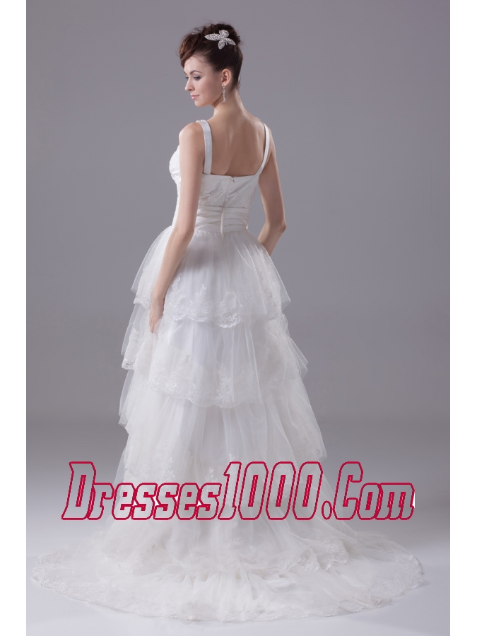 Ruffled Layers Lace Brush Train Column Scoop Wedding Dress