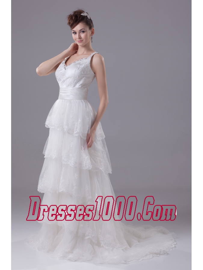 Ruffled Layers Lace Brush Train Column Scoop Wedding Dress