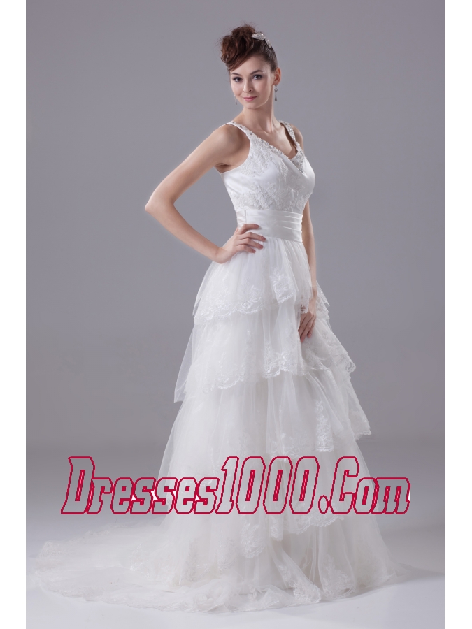 Ruffled Layers Lace Brush Train Column Scoop Wedding Dress