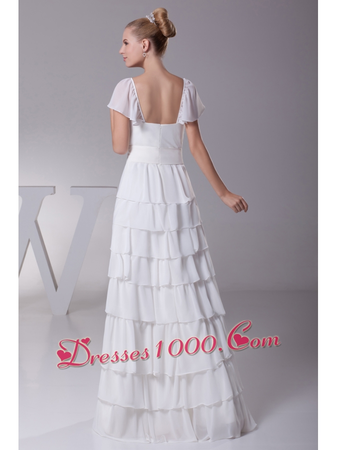 Ruffled Layers Sash V-neck Cap Sleeves Wedding Dress
