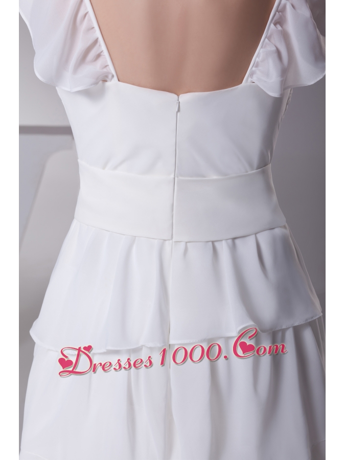 Ruffled Layers Sash V-neck Cap Sleeves Wedding Dress