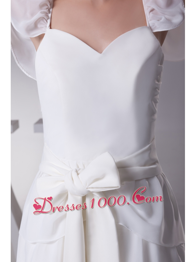 Ruffled Layers Sash V-neck Cap Sleeves Wedding Dress