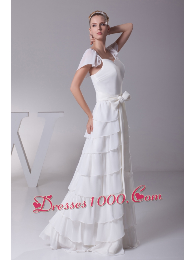 Ruffled Layers Sash V-neck Cap Sleeves Wedding Dress