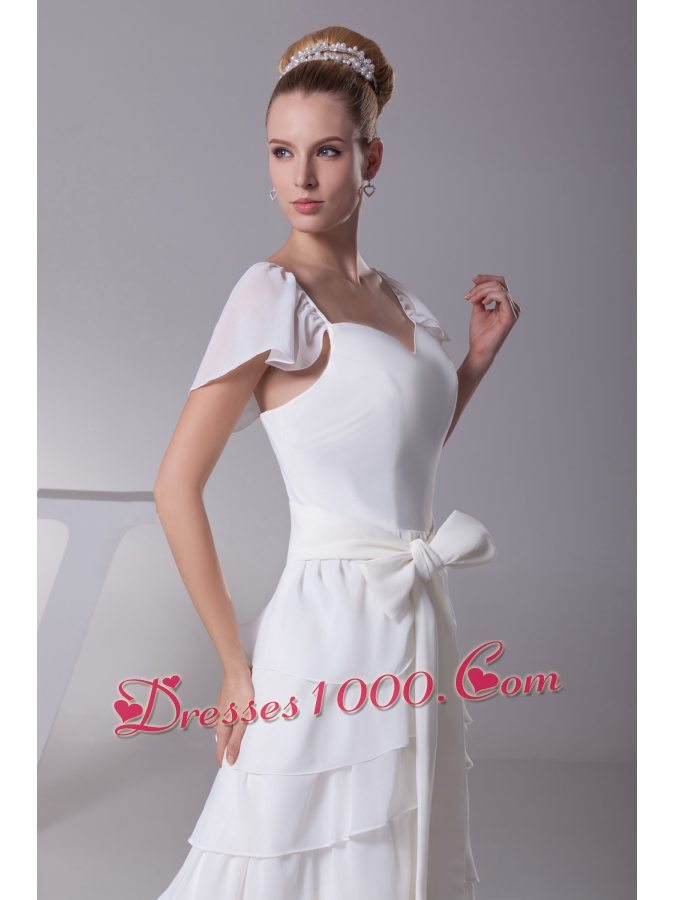 Ruffled Layers Sash V-neck Cap Sleeves Wedding Dress