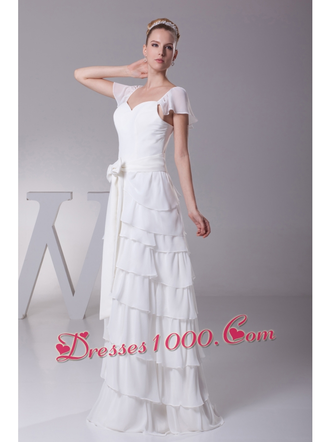 Ruffled Layers Sash V-neck Cap Sleeves Wedding Dress