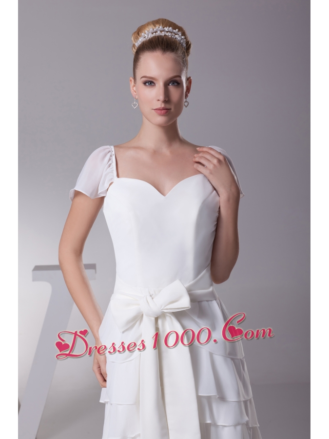 Ruffled Layers Sash V-neck Cap Sleeves Wedding Dress