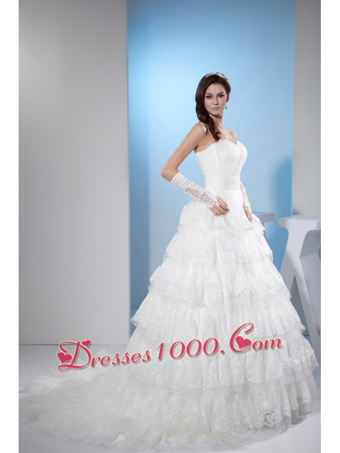 Ruffled Layers Sweetheart A-line Court Train Wedding Dress with Lace