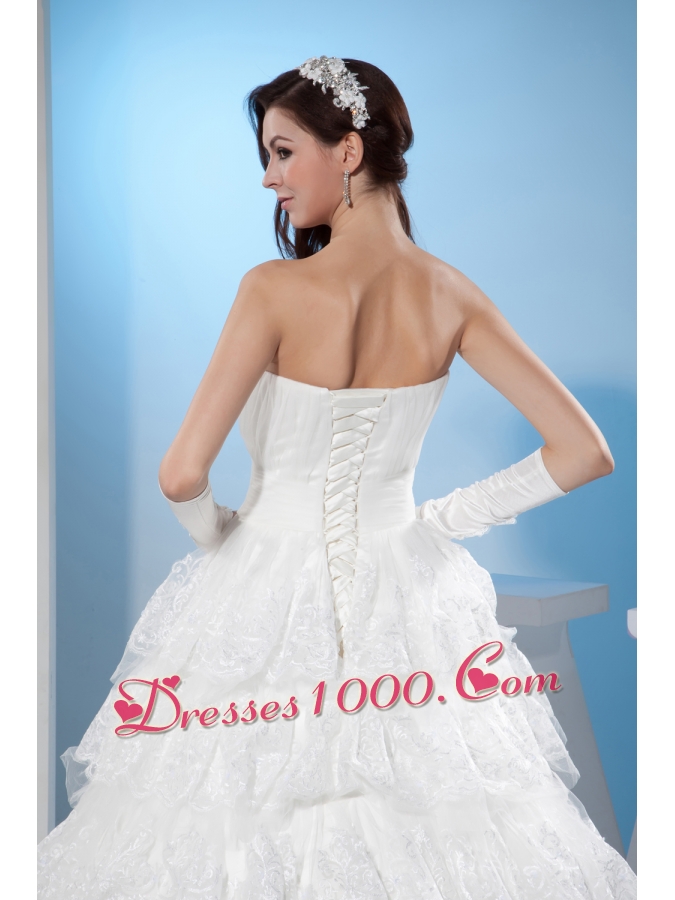 Ruffled Layers Sweetheart A-line Court Train Wedding Dress with Lace