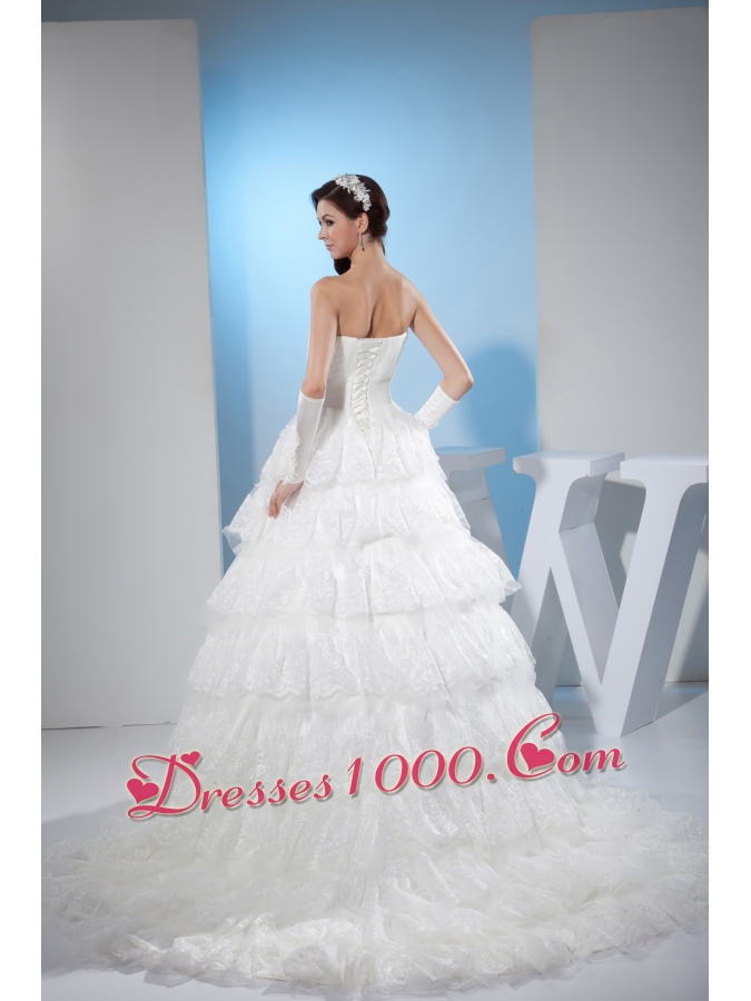 Ruffled Layers Sweetheart A-line Court Train Wedding Dress with Lace
