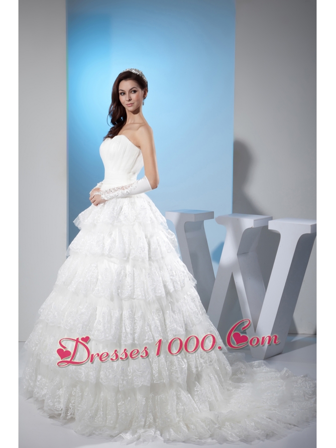 Ruffled Layers Sweetheart A-line Court Train Wedding Dress with Lace