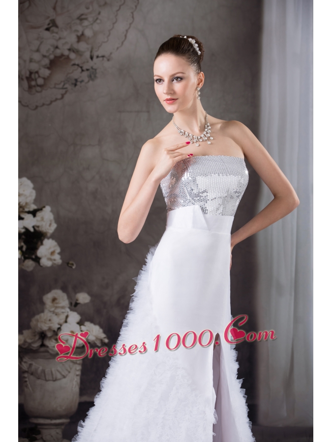 Ruffles A-line Strapless High slit Sequins Prom dress