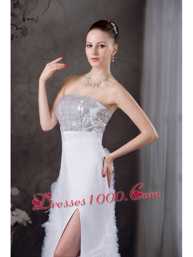 Ruffles A-line Strapless High slit Sequins Prom dress