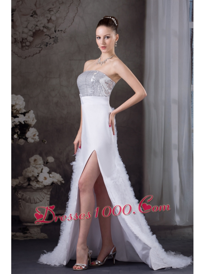 Ruffles A-line Strapless High slit Sequins Prom dress