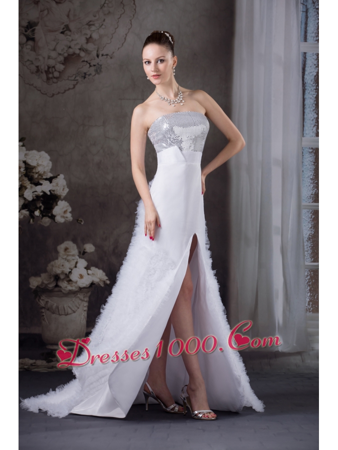 Ruffles A-line Strapless High slit Sequins Prom dress