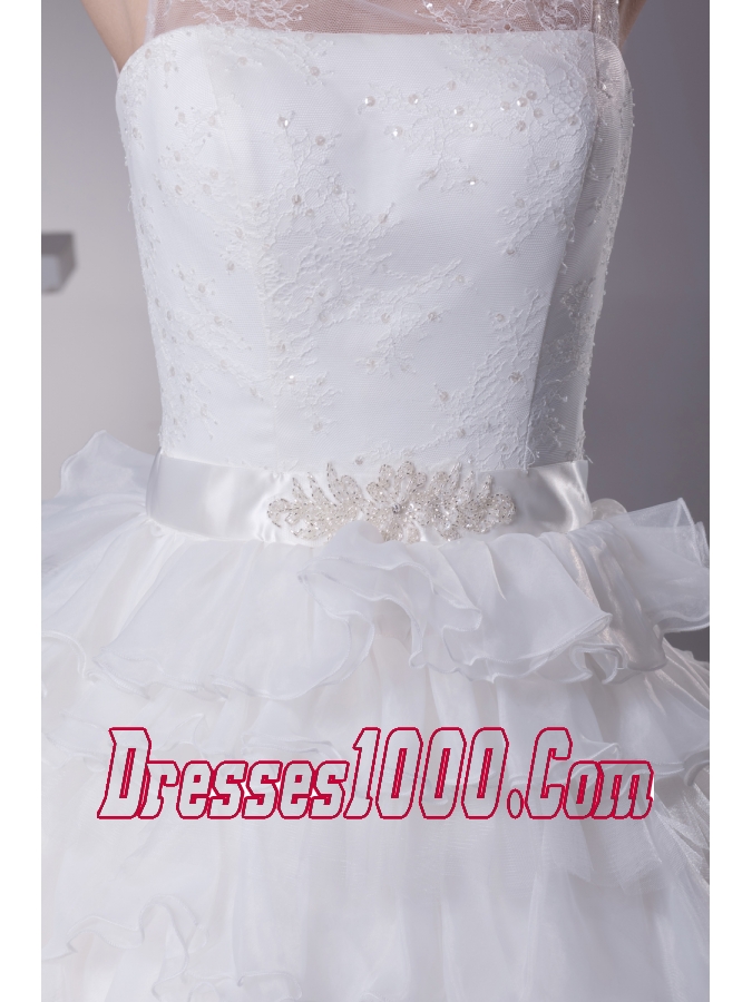 Ruffles and Appliques A-Line Court Train Scoop Wedding Dress
