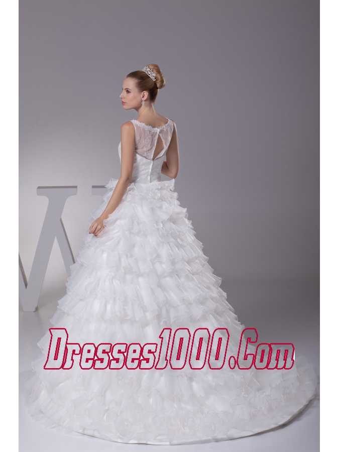 Ruffles and Appliques A-Line Court Train Scoop Wedding Dress