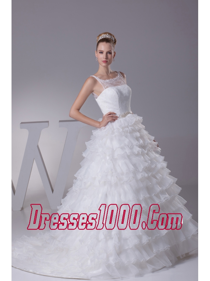 Ruffles and Appliques A-Line Court Train Scoop Wedding Dress
