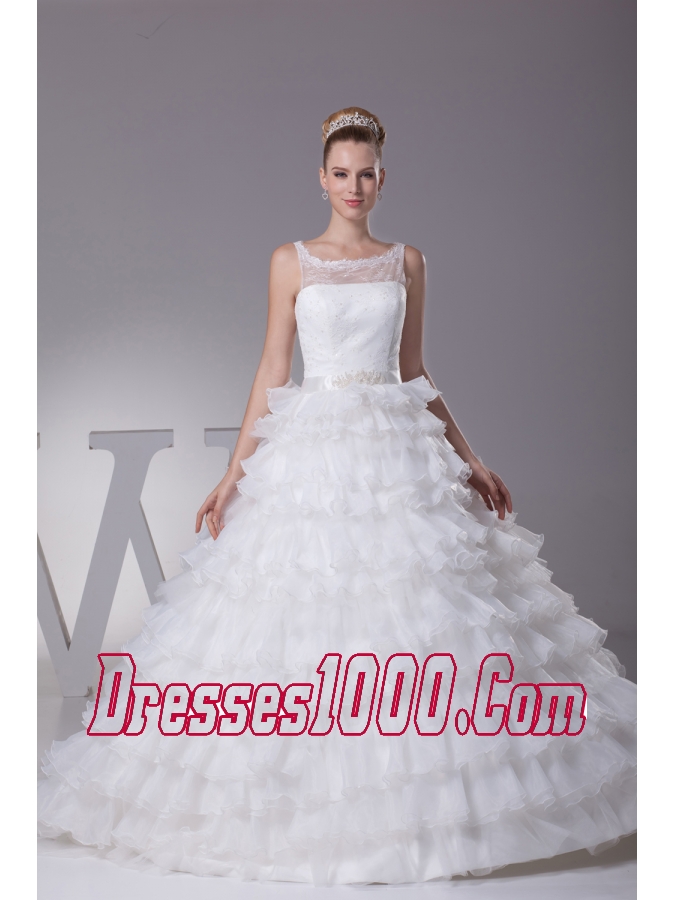 Ruffles and Appliques A-Line Court Train Scoop Wedding Dress