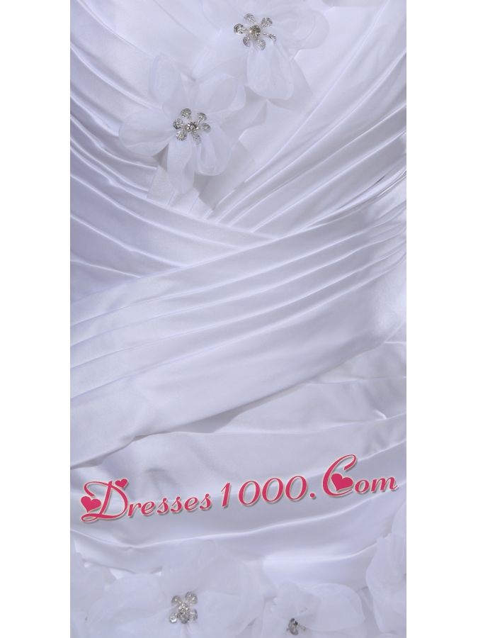 Ruffles Hand Made Flowers A-line One Shoulder Beading Wedding Dress