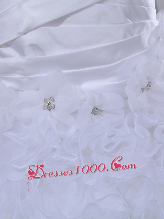Ruffles Hand Made Flowers A-line One Shoulder Beading Wedding Dress