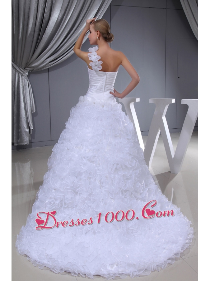 Ruffles Hand Made Flowers A-line One Shoulder Beading Wedding Dress