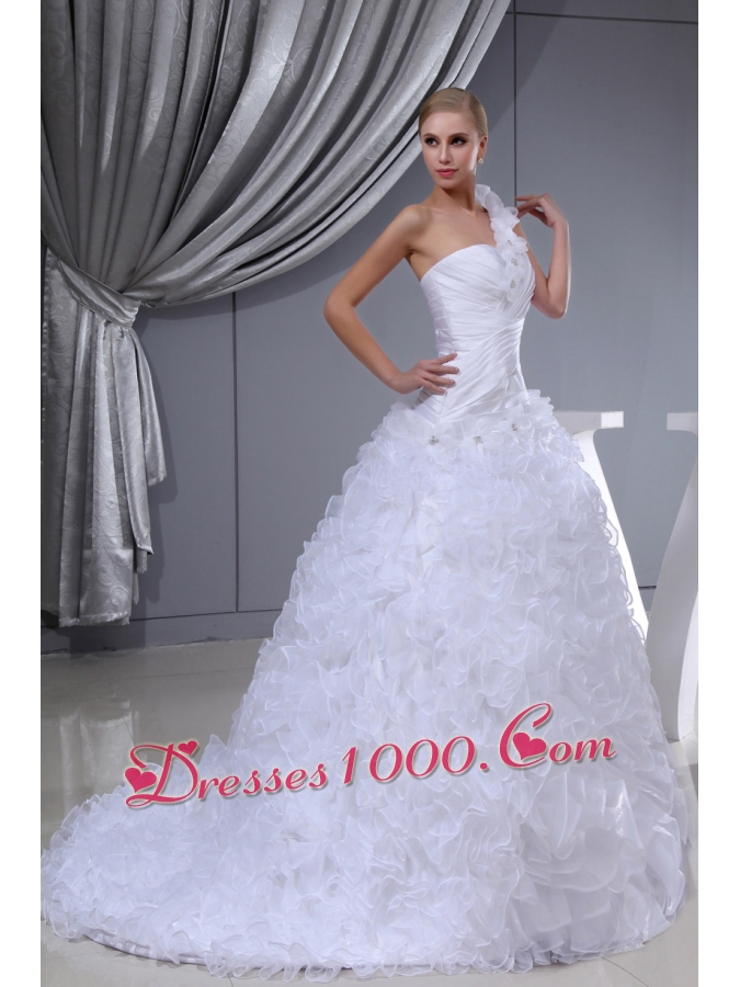 Ruffles Hand Made Flowers A-line One Shoulder Beading Wedding Dress