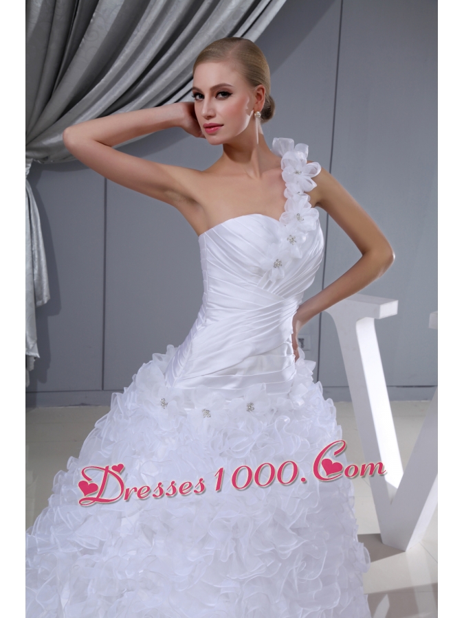 Ruffles Hand Made Flowers A-line One Shoulder Beading Wedding Dress