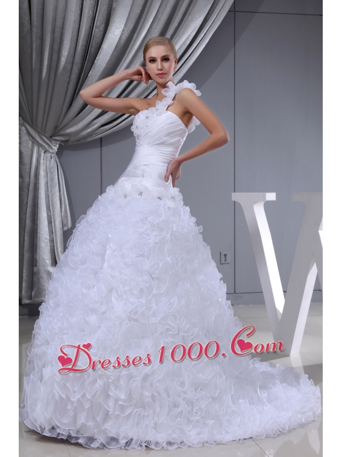 Ruffles Hand Made Flowers A-line One Shoulder Beading Wedding Dress