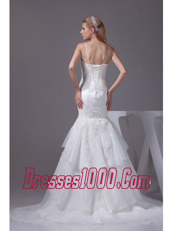 Spaghetti Straps Appliques Brush Train Wedding Dress