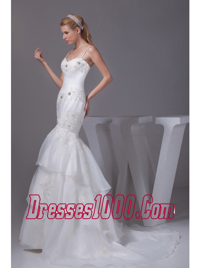 Spaghetti Straps Appliques Brush Train Wedding Dress