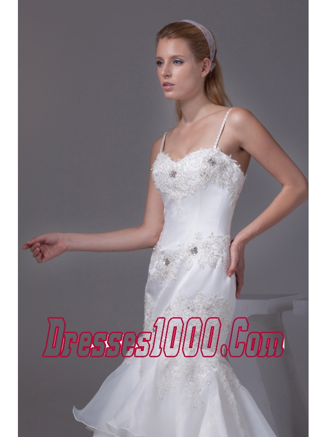 Spaghetti Straps Appliques Brush Train Wedding Dress