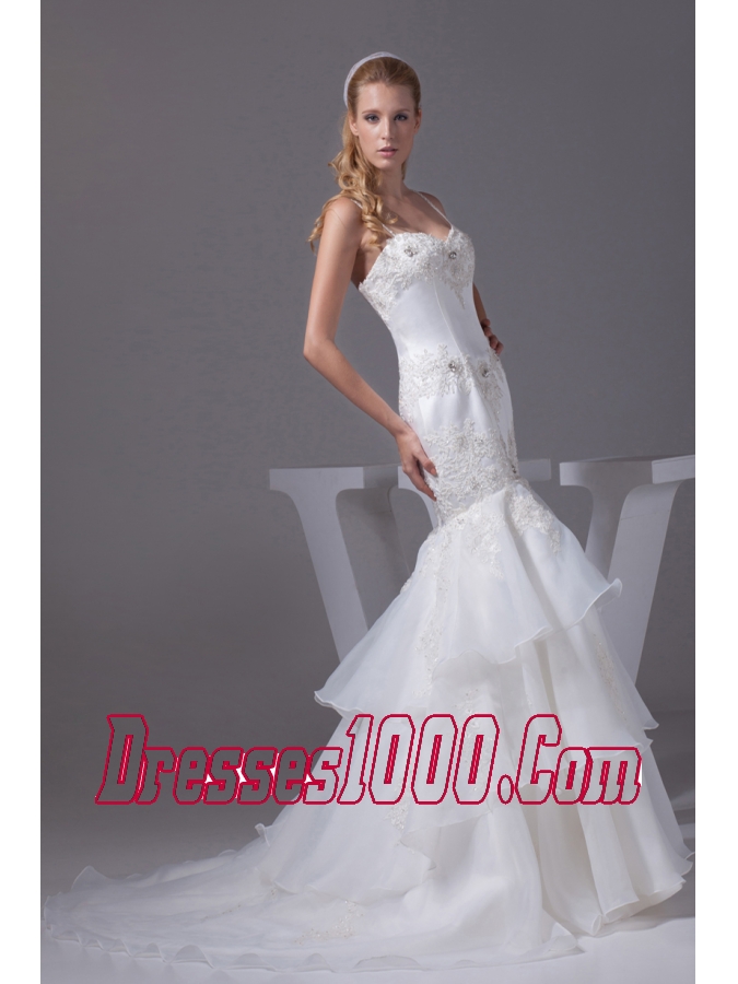 Spaghetti Straps Appliques Brush Train Wedding Dress