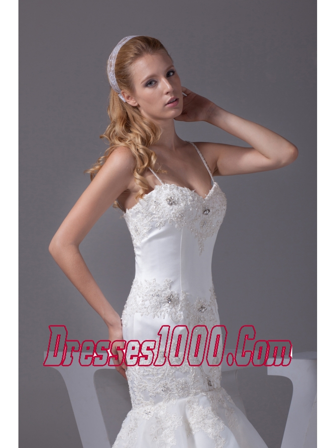 Spaghetti Straps Appliques Brush Train Wedding Dress