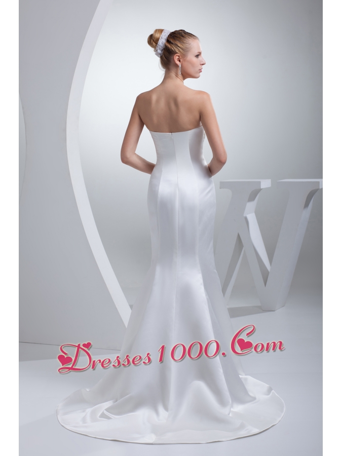 Strapless Satin Mermaid Ruching Appliques Wedding Dress
