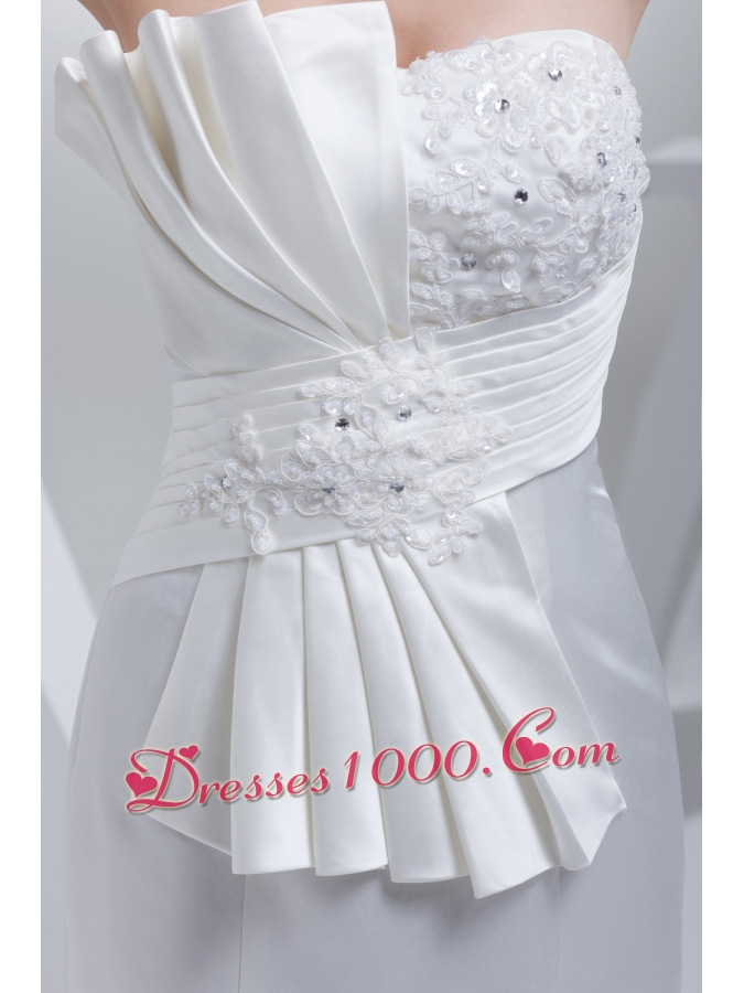 Strapless Satin Mermaid Ruching Appliques Wedding Dress