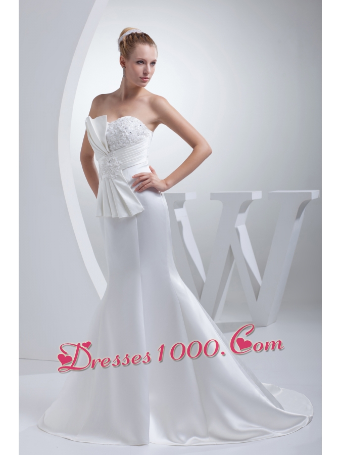 Strapless Satin Mermaid Ruching Appliques Wedding Dress