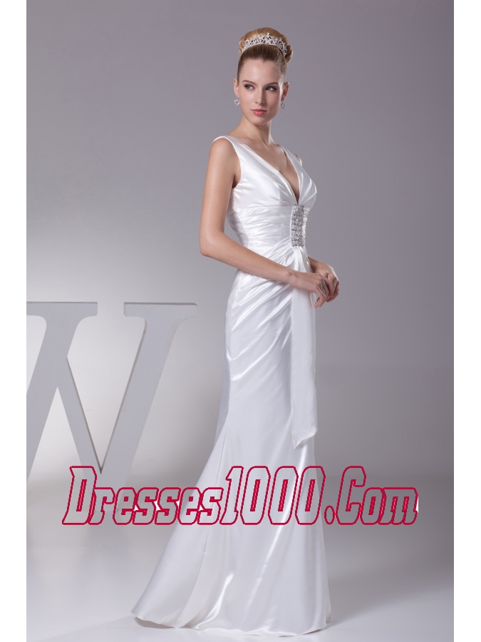 V-neck Beading Long Wedding Dress With Column