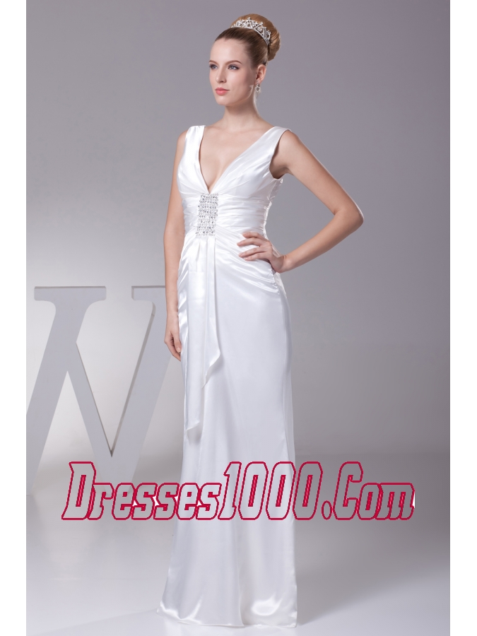 V-neck Beading Long Wedding Dress With Column