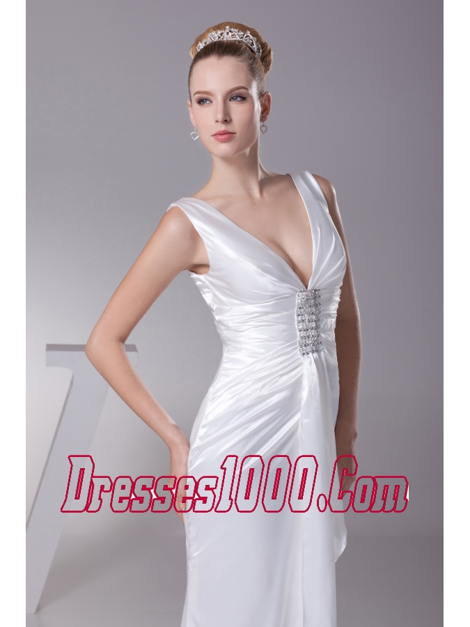 V-neck Beading Long Wedding Dress With Column