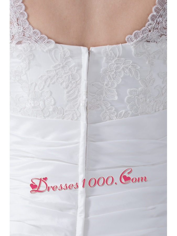 V-neck Column Appliques Ruching Brush Train Wedding Dress