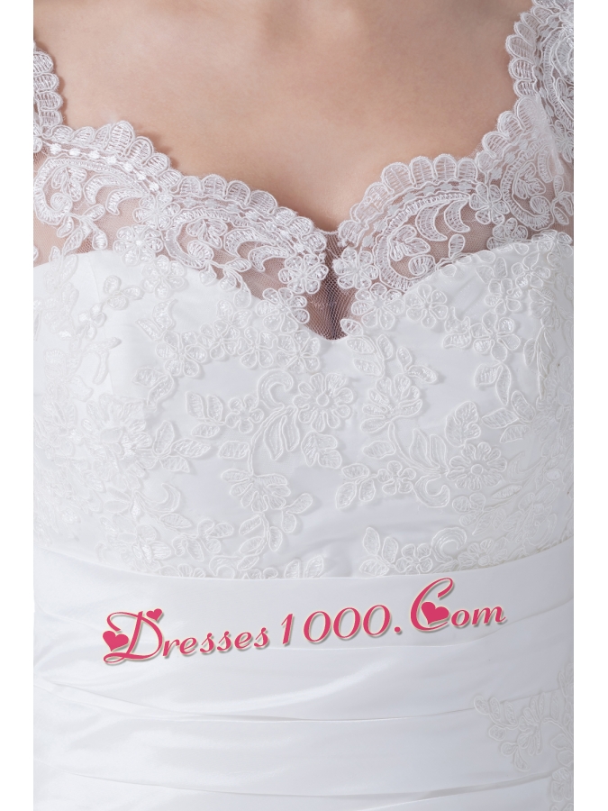 V-neck Column Appliques Ruching Brush Train Wedding Dress