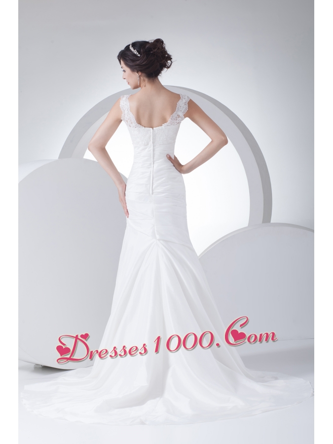 V-neck Column Appliques Ruching Brush Train Wedding Dress