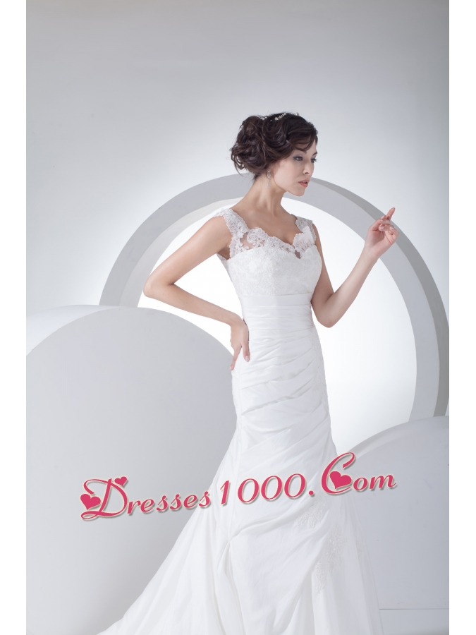 V-neck Column Appliques Ruching Brush Train Wedding Dress